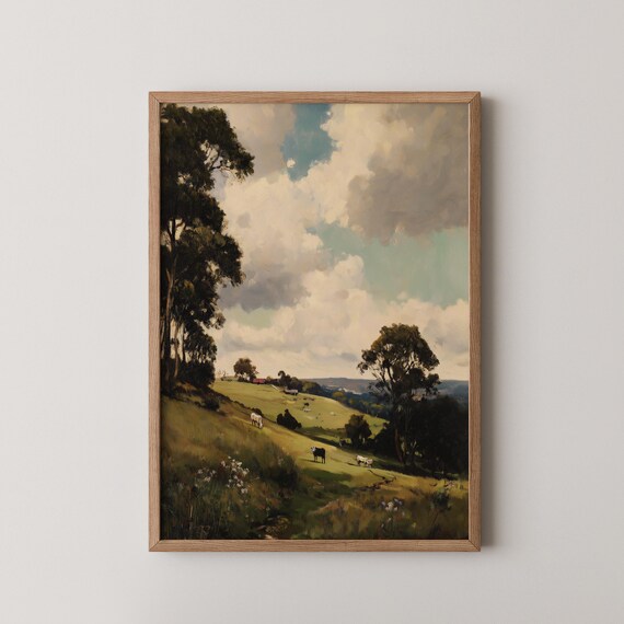 Dark Green Abstract Art Print Moody Pastoral Minimalist Texture Oil Painting Wall