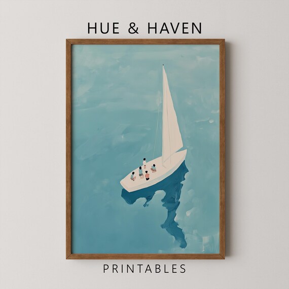 Minimalist Sailboat Print Tiny People Light Beach Seascape