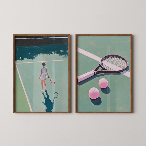 Set of Two Tennis Paintings Player Racket Pink Balls Sport Poster