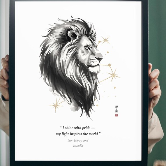 Custom Leo Zodiac Print Sumi Ink Lion Constellation