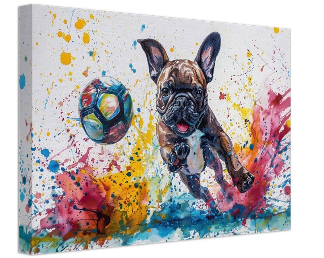Colourful French Bulldog Playing Football Soccer On Canvas Frenchie Mom Dad Sports Lover Teen Room Decor Gift Paint Splash Wall Art Print