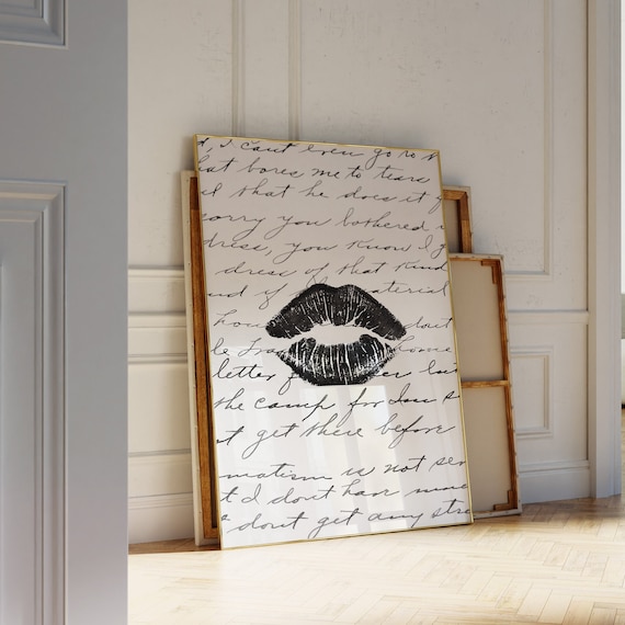 Black Lipstick Kiss Mark Handwritten Script Romantic French Bedroom Poster
