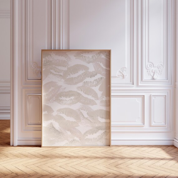Kiss Lips Neutral Wall Art Print, Beige Preppy Decor
