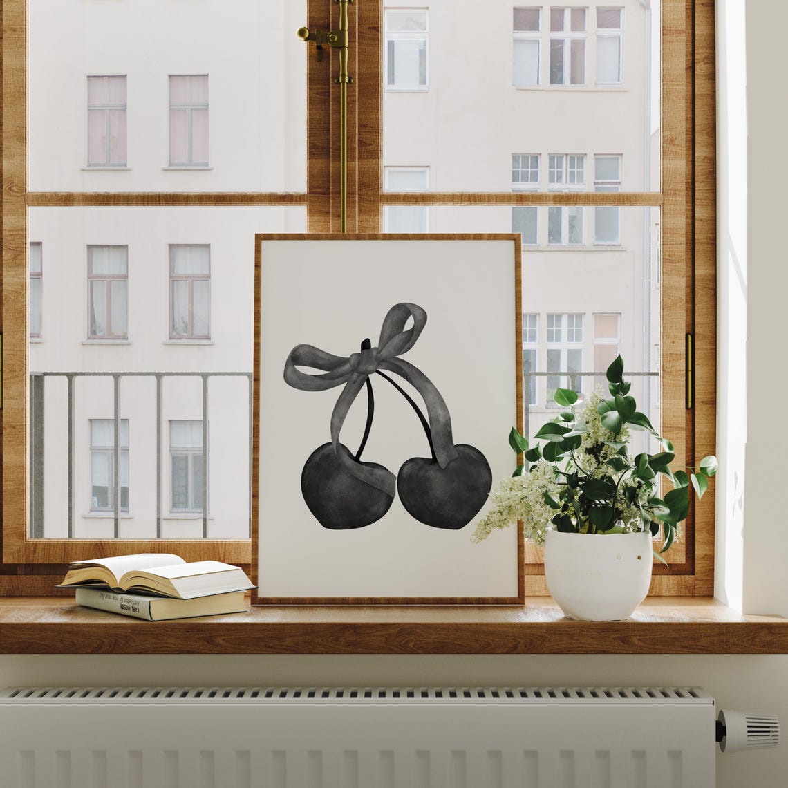 Black Cherries With Bow Moody Watercolor Monochrome Art Poster - Image 3