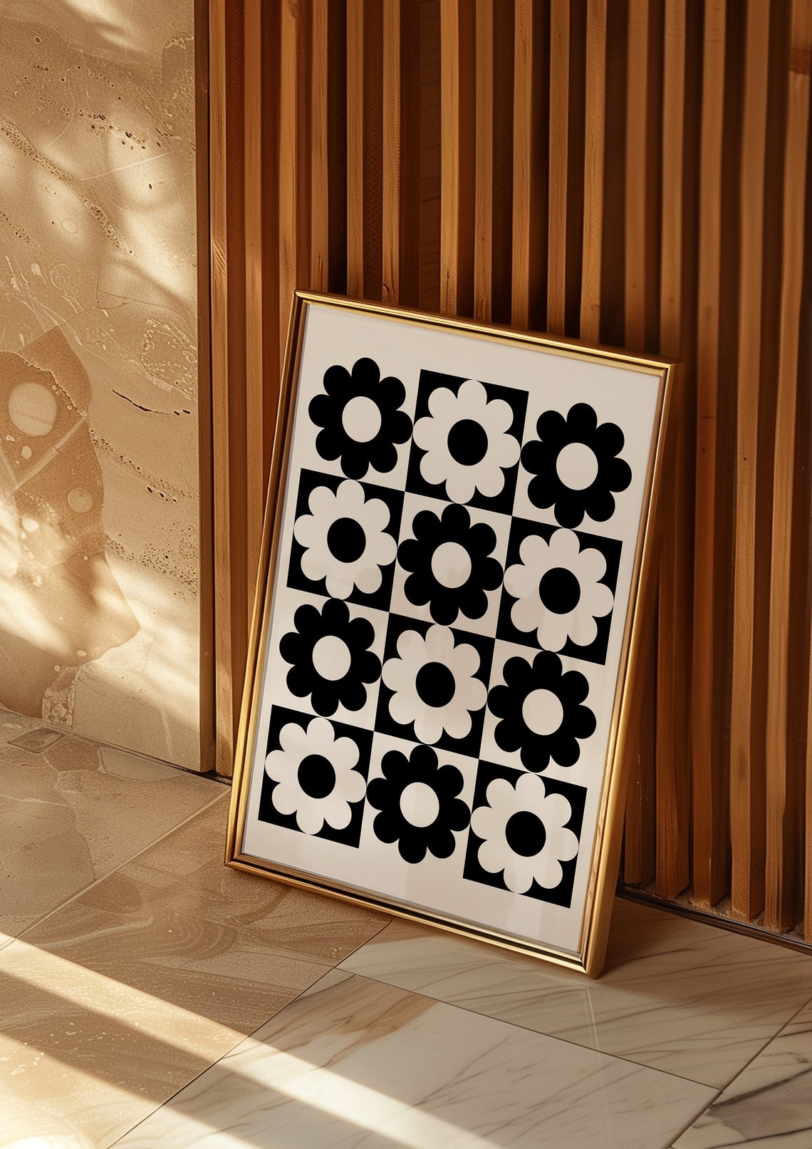 Black And White Retro Flower Grid Checkerboard Funky Wall Art - Image 3