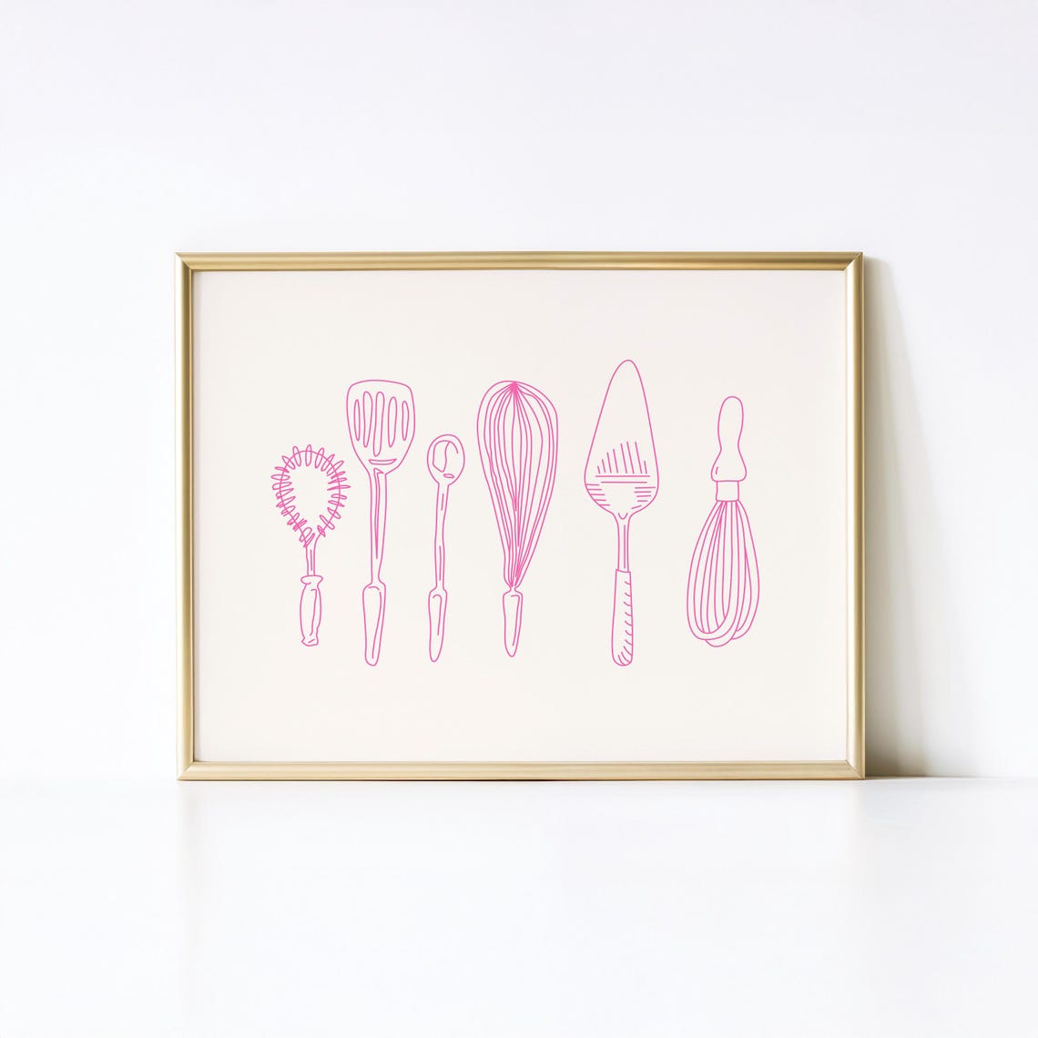 Kitchen Utensils Pink Line Art Minimalist Whisk Spatula Cooking Poster