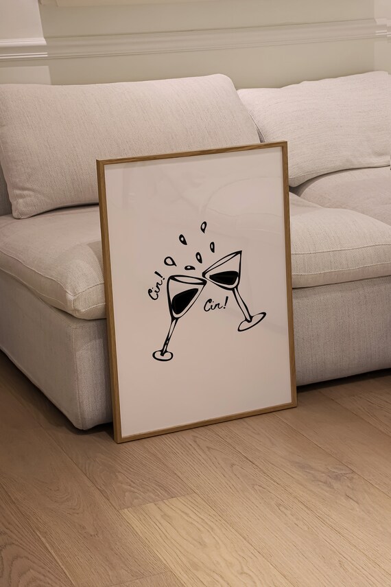 Cin Cin Cheers Wine Glasses Sketch Trendy Black Ink Bar Cart Poster