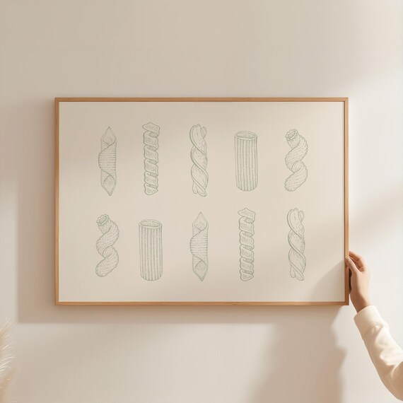 Cream Italian Pasta Shapes Sketch Line Art Kitchen Decor Poster