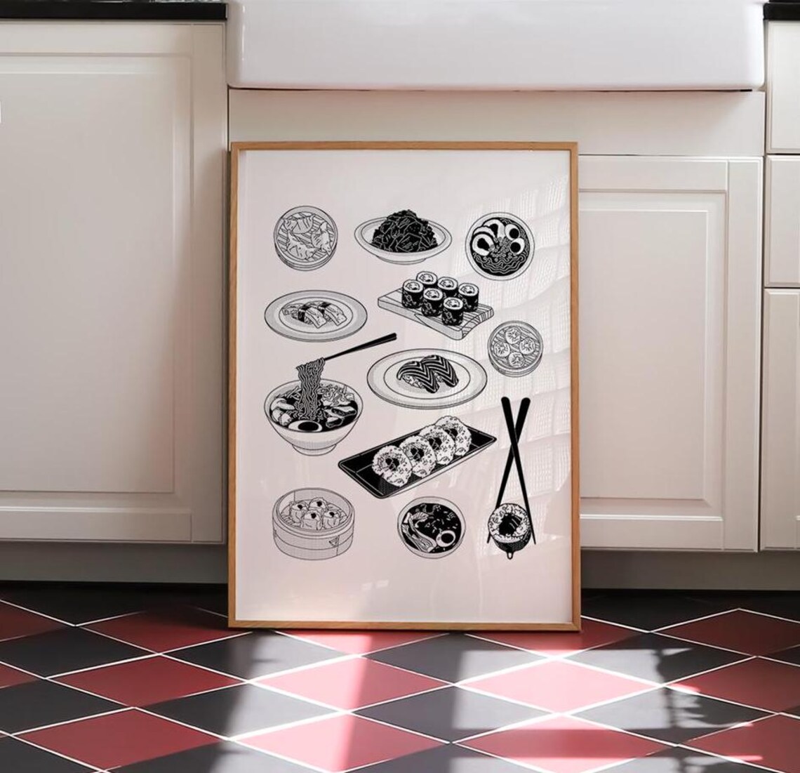 Noodle Sushi Kitchen Art Print, Japandi Poster