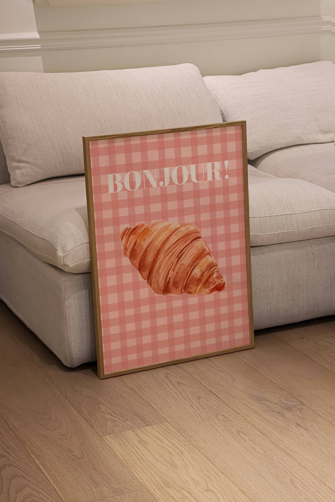 Bonjour Croissant Watercolor Pink Gingham French Kitchen Wall Art - Image 2