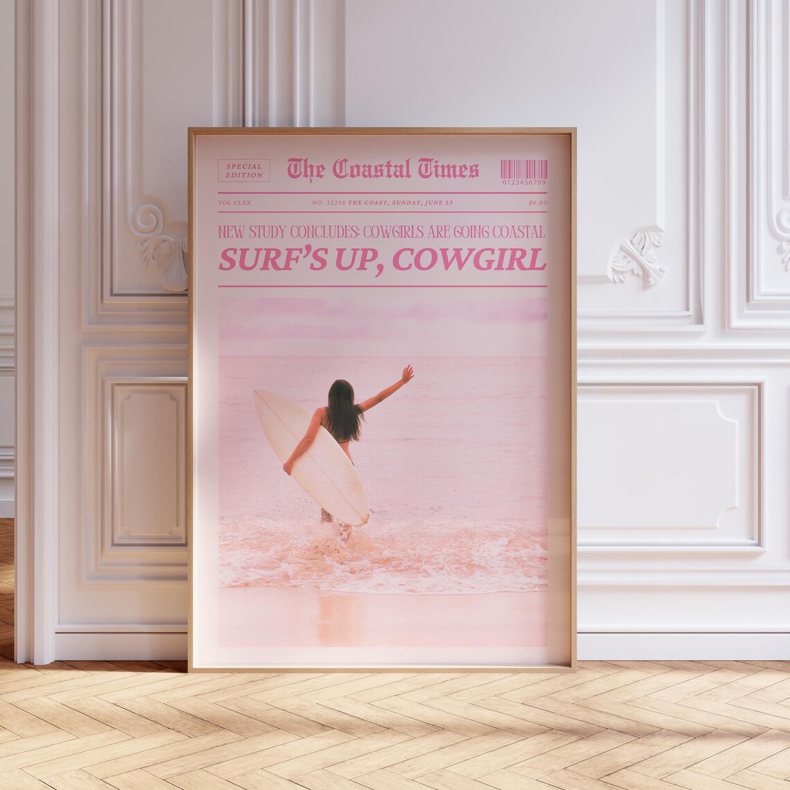 The Coastal Times Surf's Up Cowgirl Pink Summer Newspaper Wall Art - Image 2