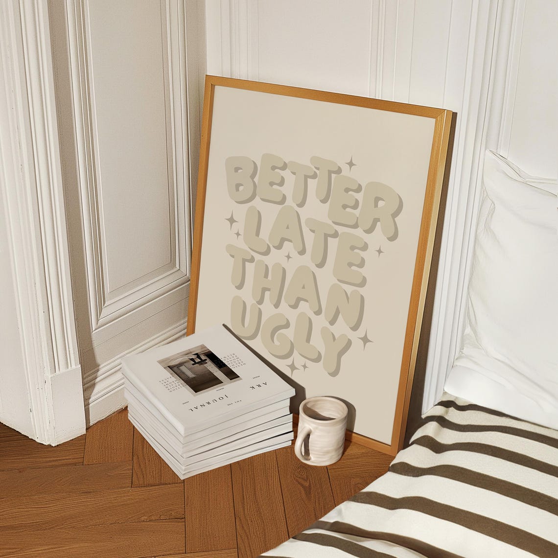 Better Late Than Ugly Beige Bubble Letter Funny Quote Poster - Image 4