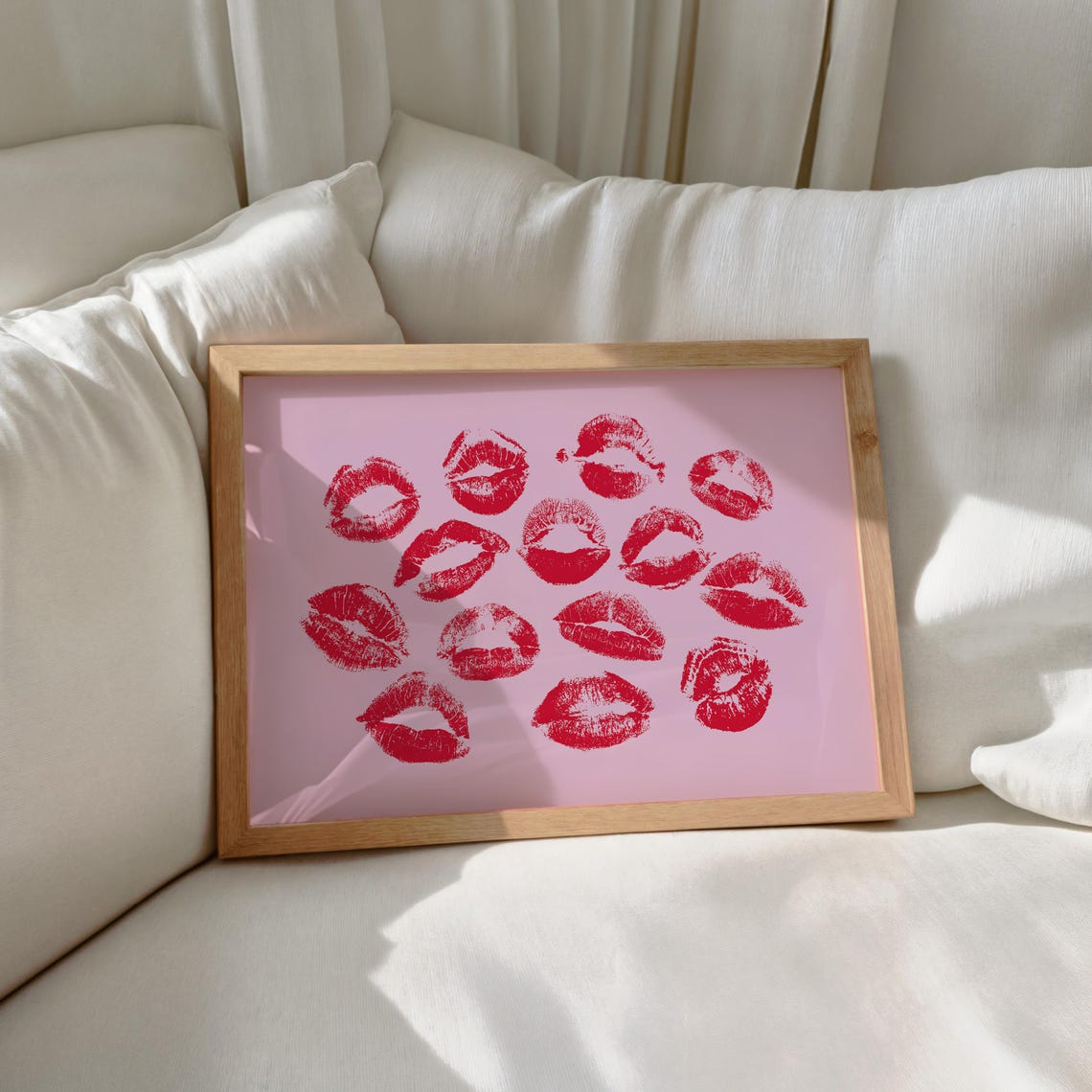 Red Lipstick Kiss Marks on Pink Preppy Girly Bedroom Romantic Poster