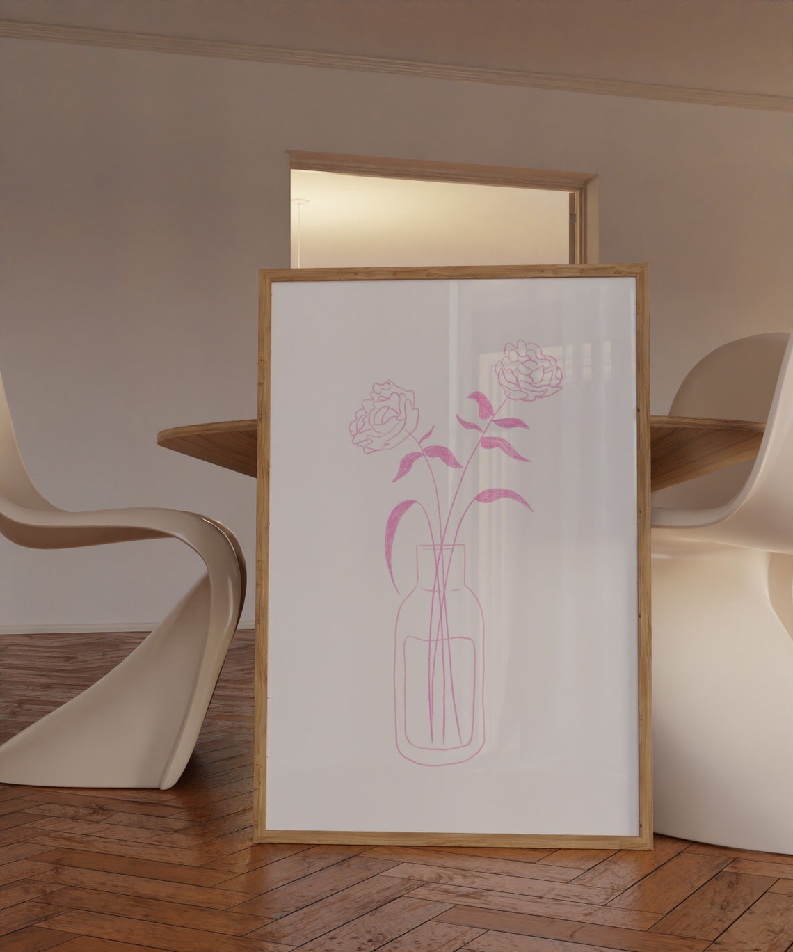 Pink Roses Line Art Vase Minimalist Peony Sketch Botanical Room Poster - Image 2