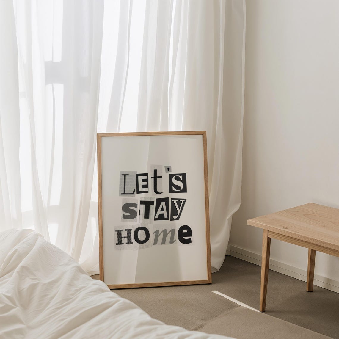 Lets Stay Home Ransom Letter Typography Black White Cozy Poster - Image 3