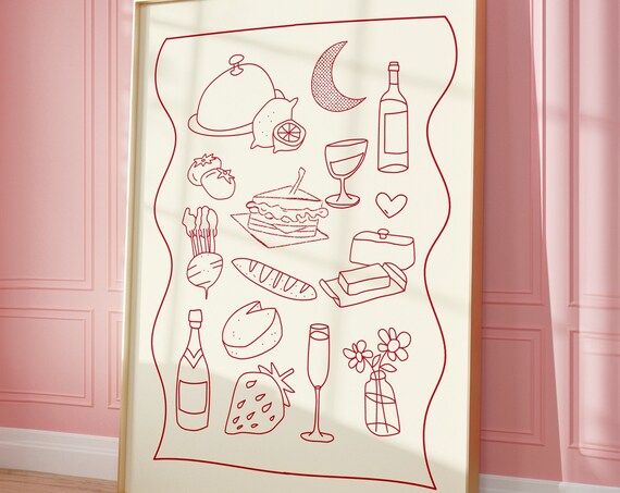 Hand Drawn Kitchen Items Poster Wine Red Food Groceries Art Prints Cute Kitchen Wall Decor Wine Flowers Edibles Illustration