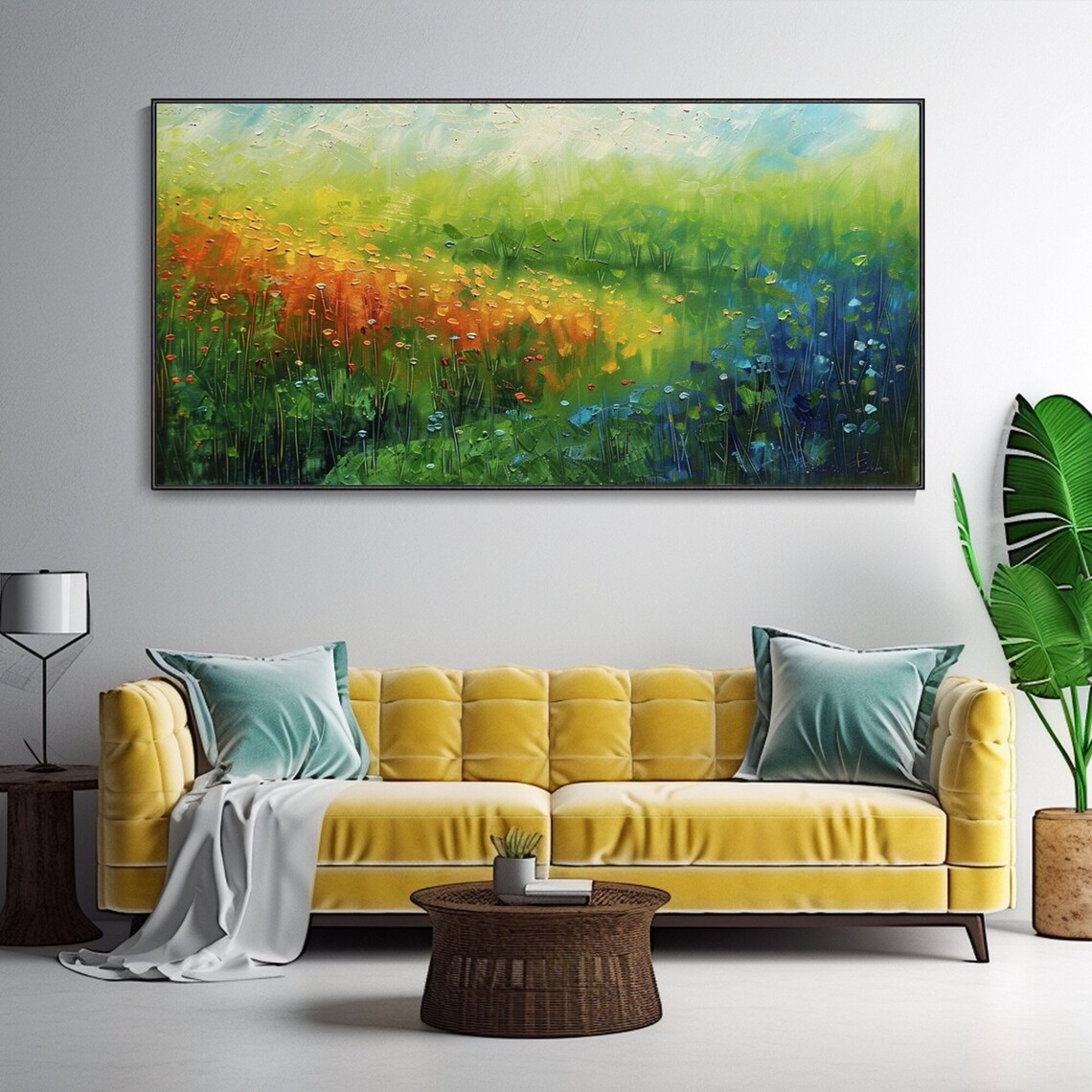 Green Meadow Wildflowers Oil Painting Vibrant Grass Field Art Poster