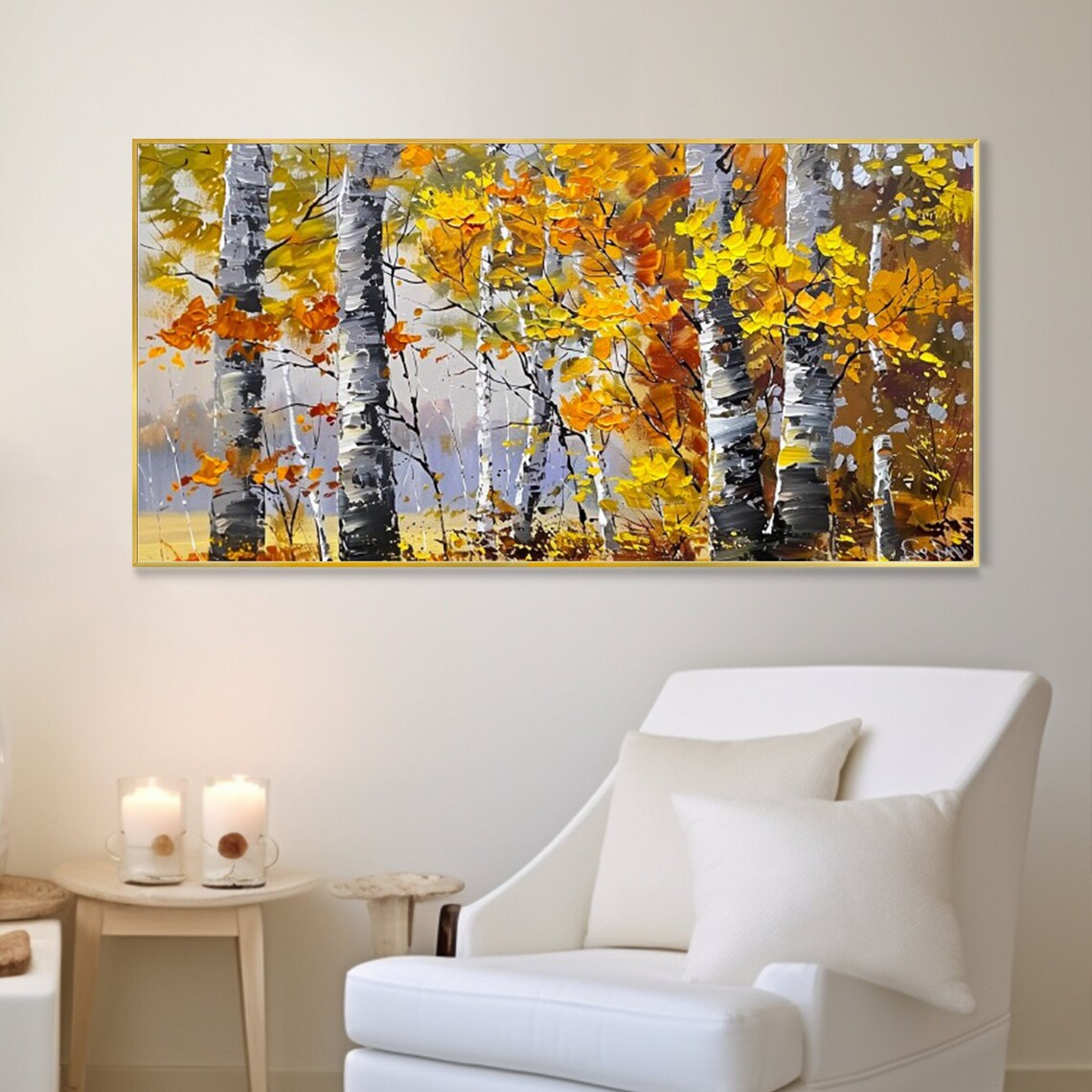Birch Forest Autumn Oil Painting Art Print, Woods Landscape