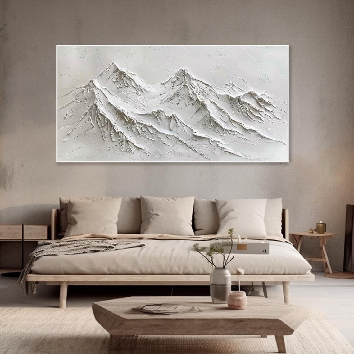 White 3D Mountain Relief Oil Painting Minimalist Textured Peaks Poster