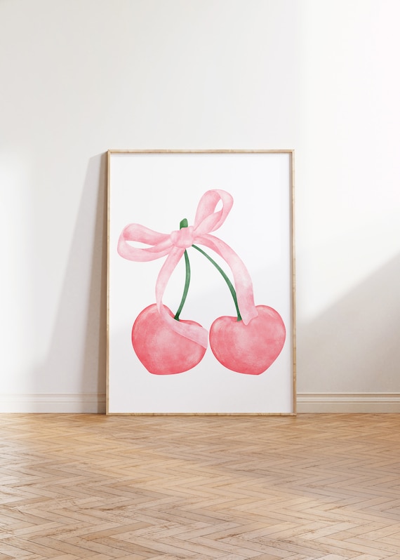 Coquette Pink Bow Art Coquette Cherry Wall Art Feminine Poster Soft Girl Bedroom Decor Trendy Preppy College Apartment Print