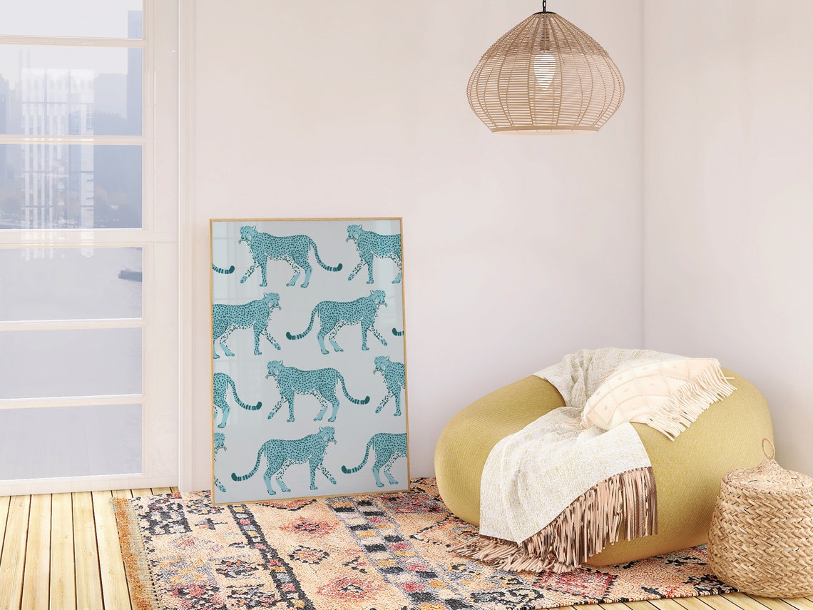 Blue Cheetah Leopard Pattern Print Trendy Y2K Animal Art Poster - Image 2