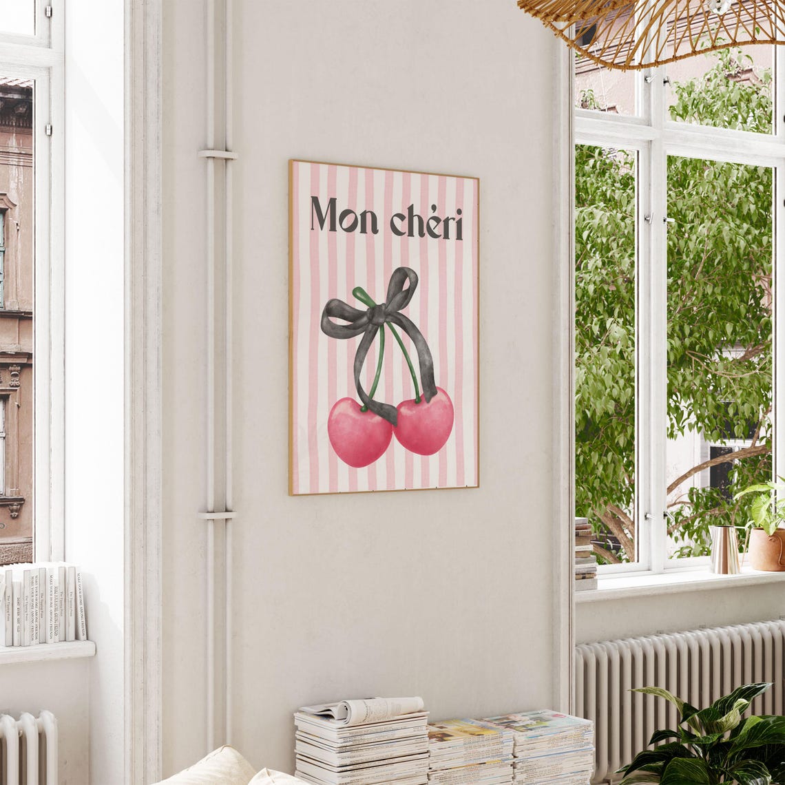 Mon Chéri French Cherry Watercolor Black Bow Pink Striped Wall Art - Image 3