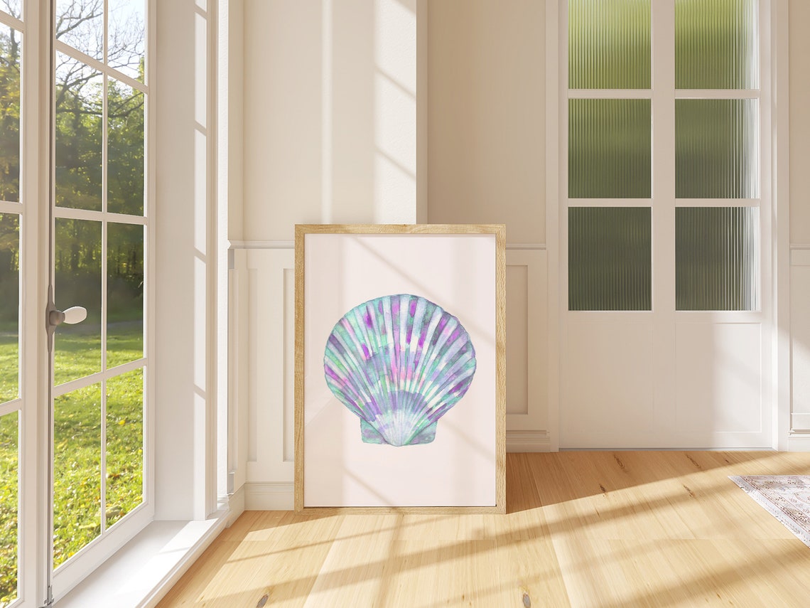 Pastel Rainbow Scallop Shell Watercolor Minimal Coastal Wall Art - Image 2