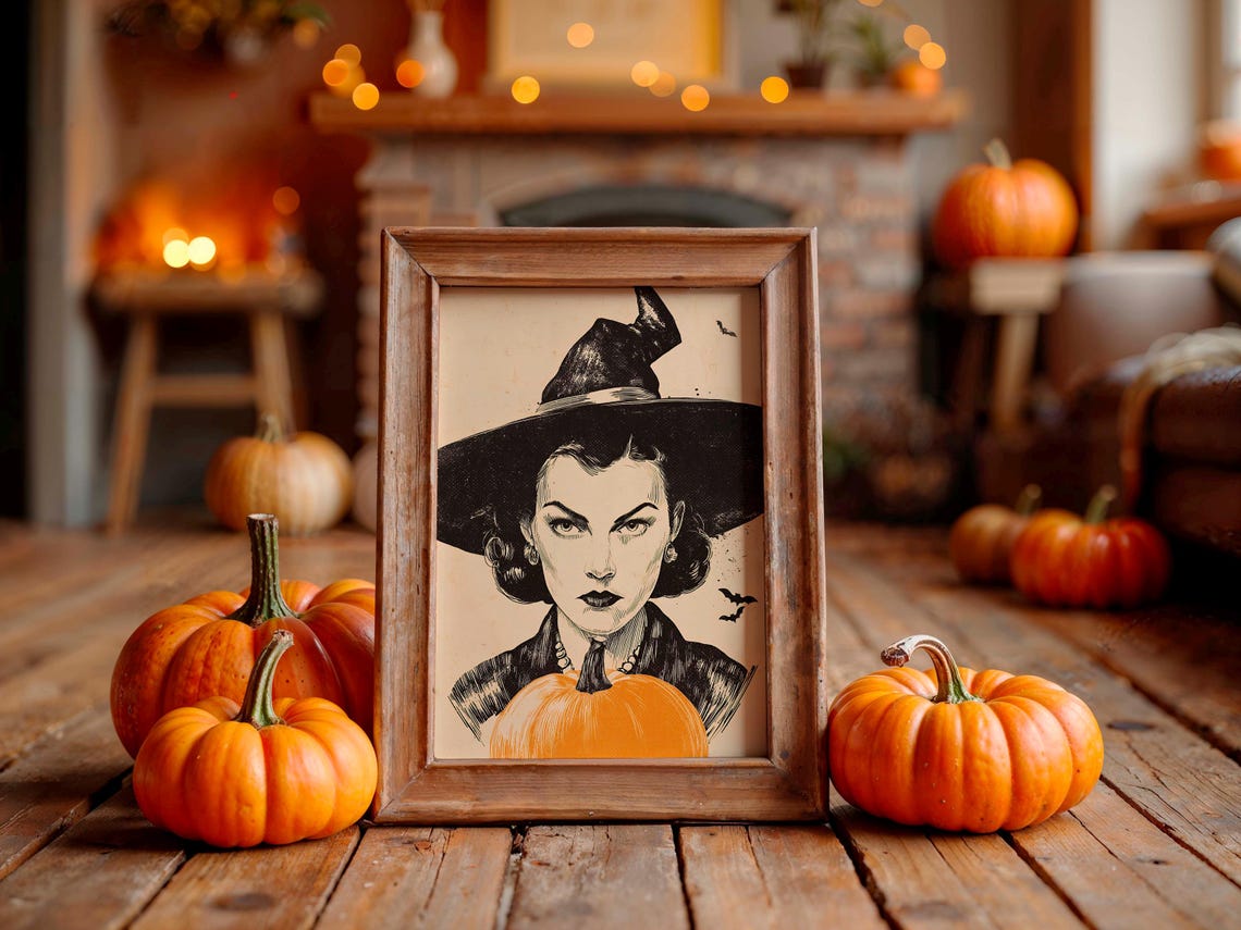 Vintage Witch Portrait Poster Sepia Ink Hat and Pumpkin With Bats