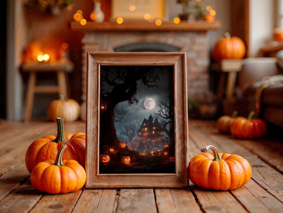 Moonlit Haunted House Halloween Poster With Pumpkins Under Full Moon