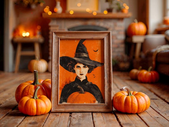 Witch Portrait Halloween Poster In Orange With Pumpkin And Flying Bats