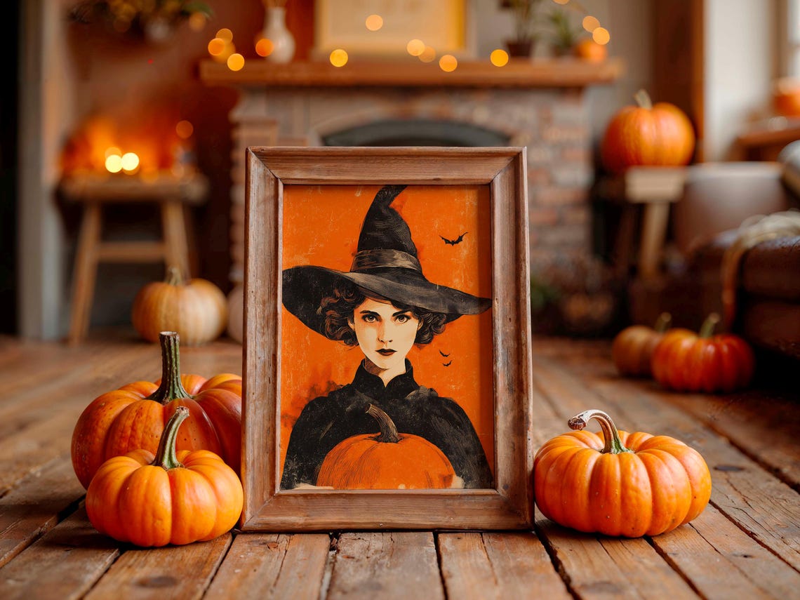 Witch Portrait Halloween Poster In Orange With Pumpkin And Flying Bats