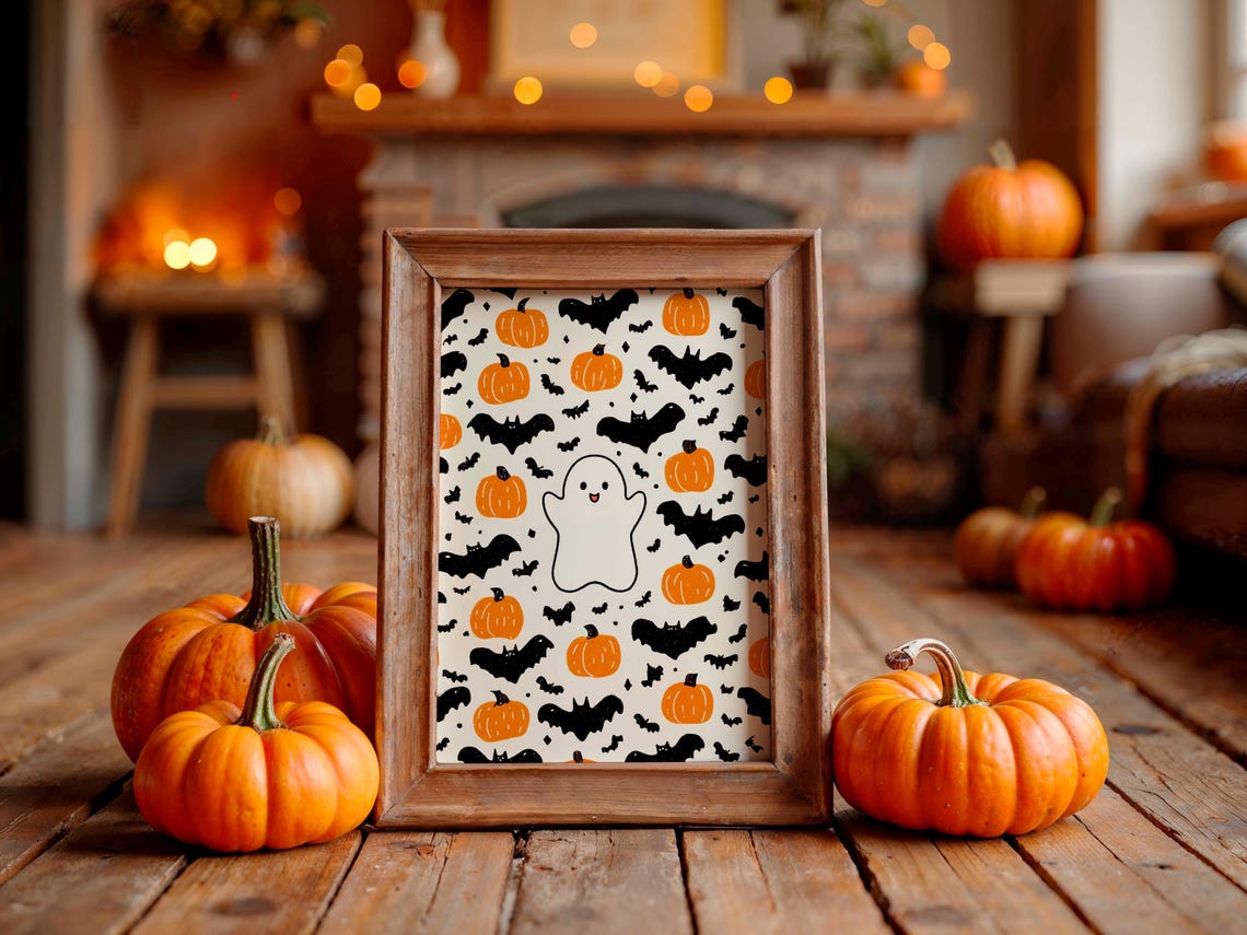 Ghost Pumpkins Bats Pattern Cream Background Halloween Poster