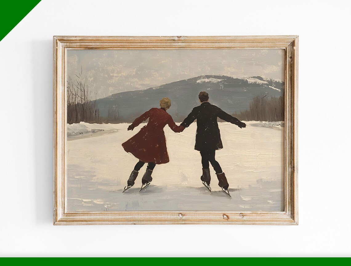 Romantic Couple Ice Skating Vintage Winter Mountain Landscape Poster