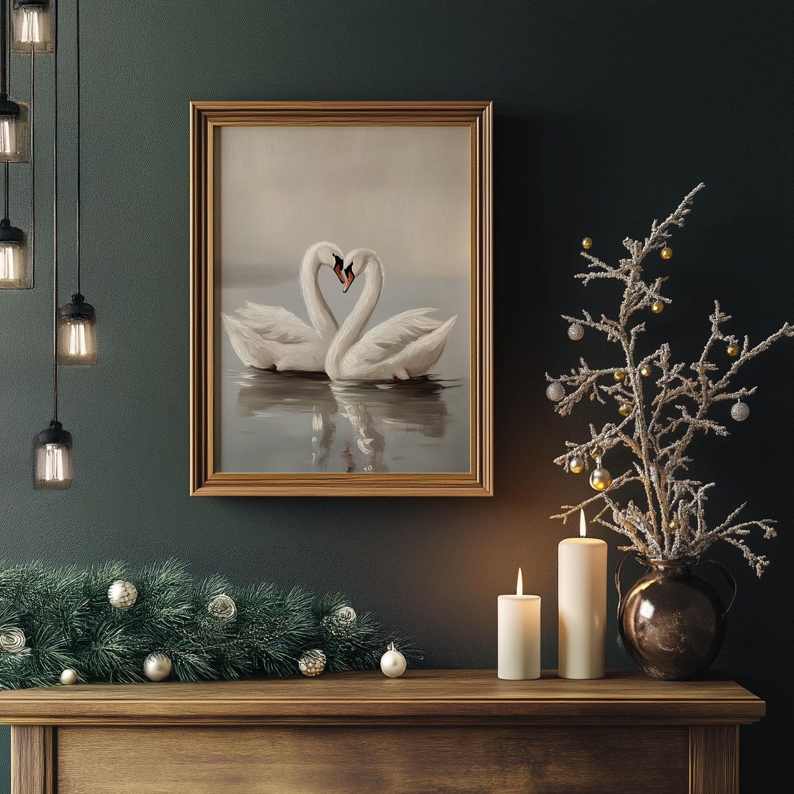 Two White Swans Forming Heart Shape Romantic Lake Painting Poster - Image 3