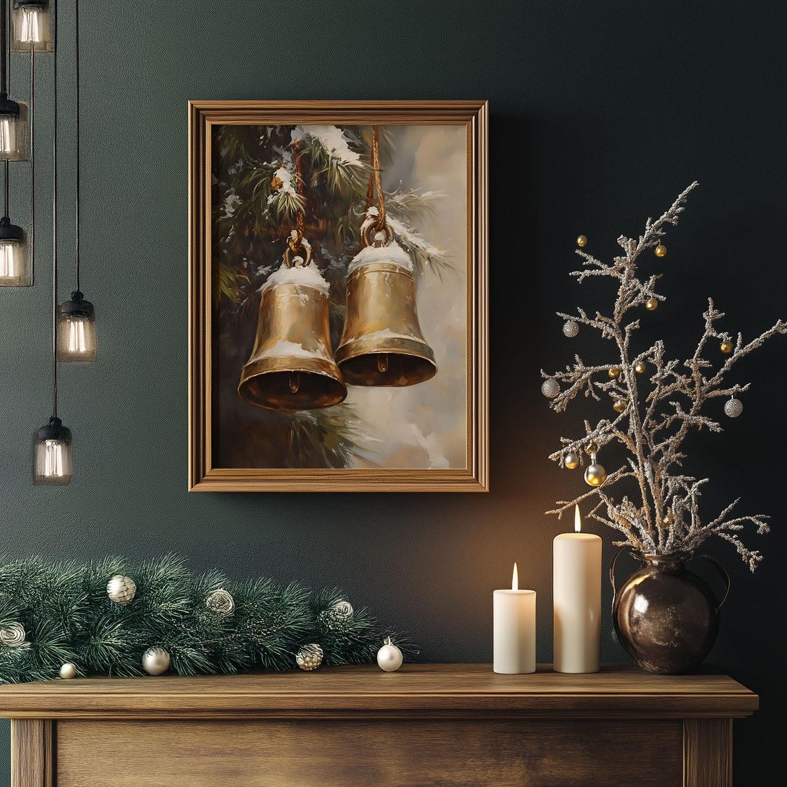 Two Snow Dusted Brass Bells Hanging on Pine Branch Christmas Poster - Image 5