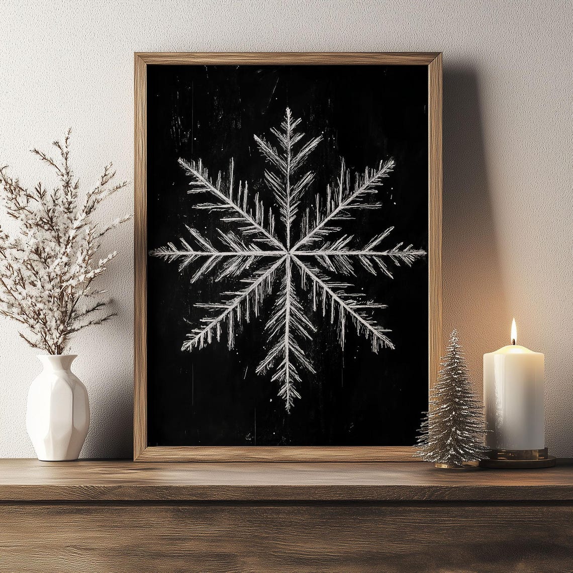 White Snowflake Black Background Minimalist Winter Art Poster - Image 2