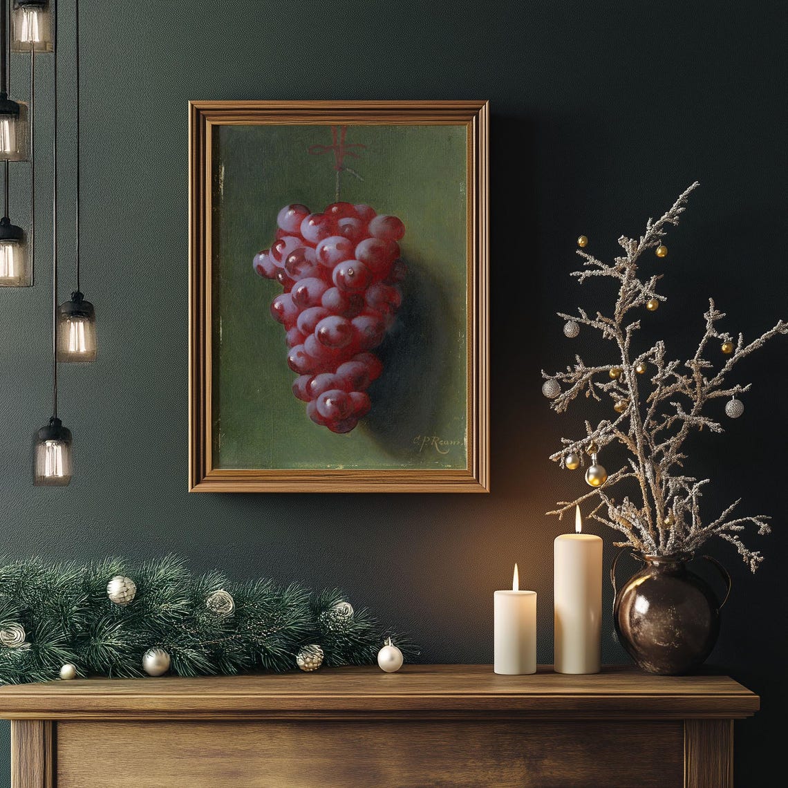 Hanging Red Grapes Classic Still Life Dark Green Vintage Poster - Image 3