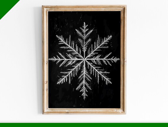 White Snowflake Black Background Minimalist Winter Art Poster