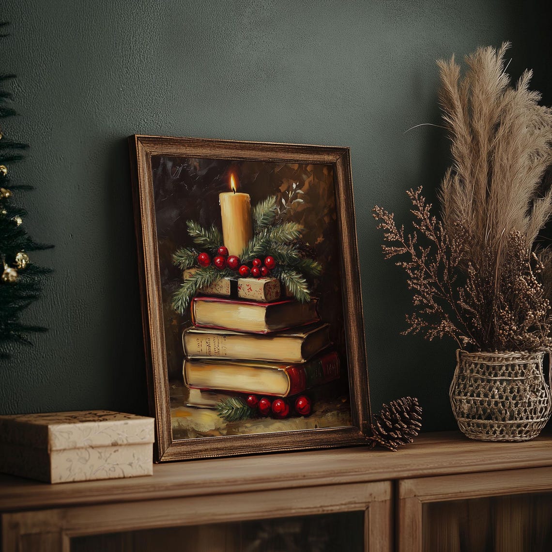 Stack of Vintage Books with Candle and Berries Cozy Christmas Poster - Image 7