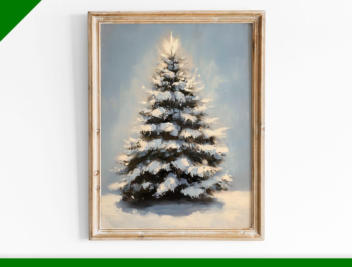 Snow Covered Pine Tree with Winter Glow Oil Painting Christmas Poster