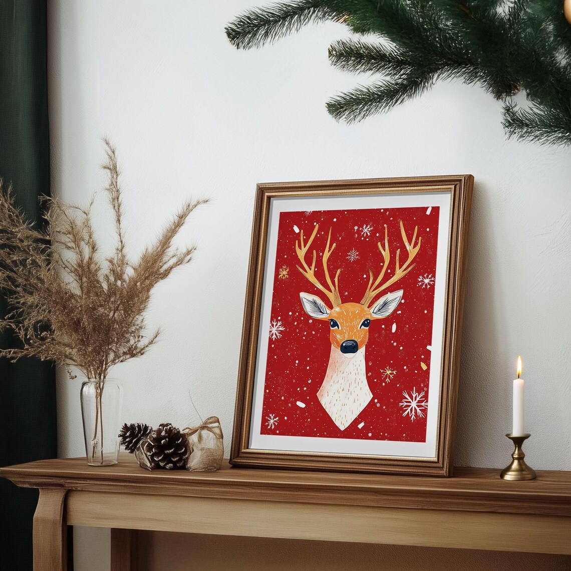 Illustrated Deer Head with Golden Antlers on Red Christmas Poster - Image 6
