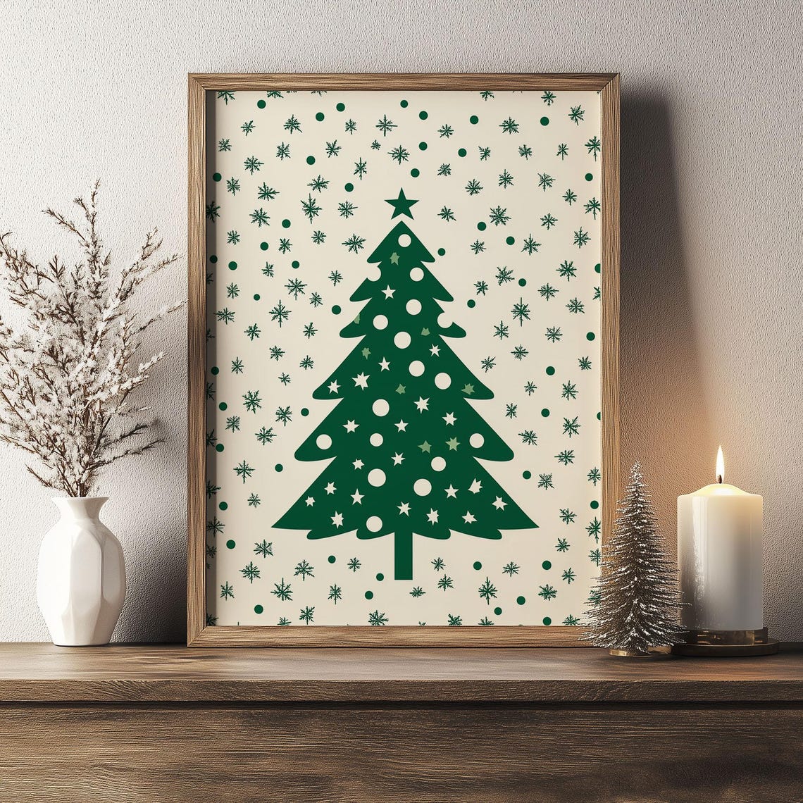 Modern Minimalist Green Christmas Tree Starry Holiday Wall Art - Image 3