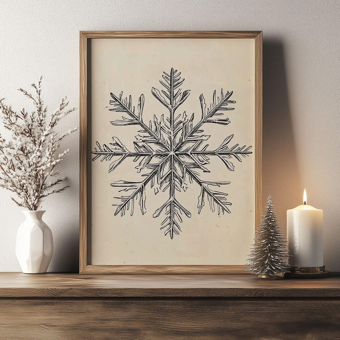 Delicate Pencil Snowflake Sketch Vintage Botanical Winter Wall Art - Image 3