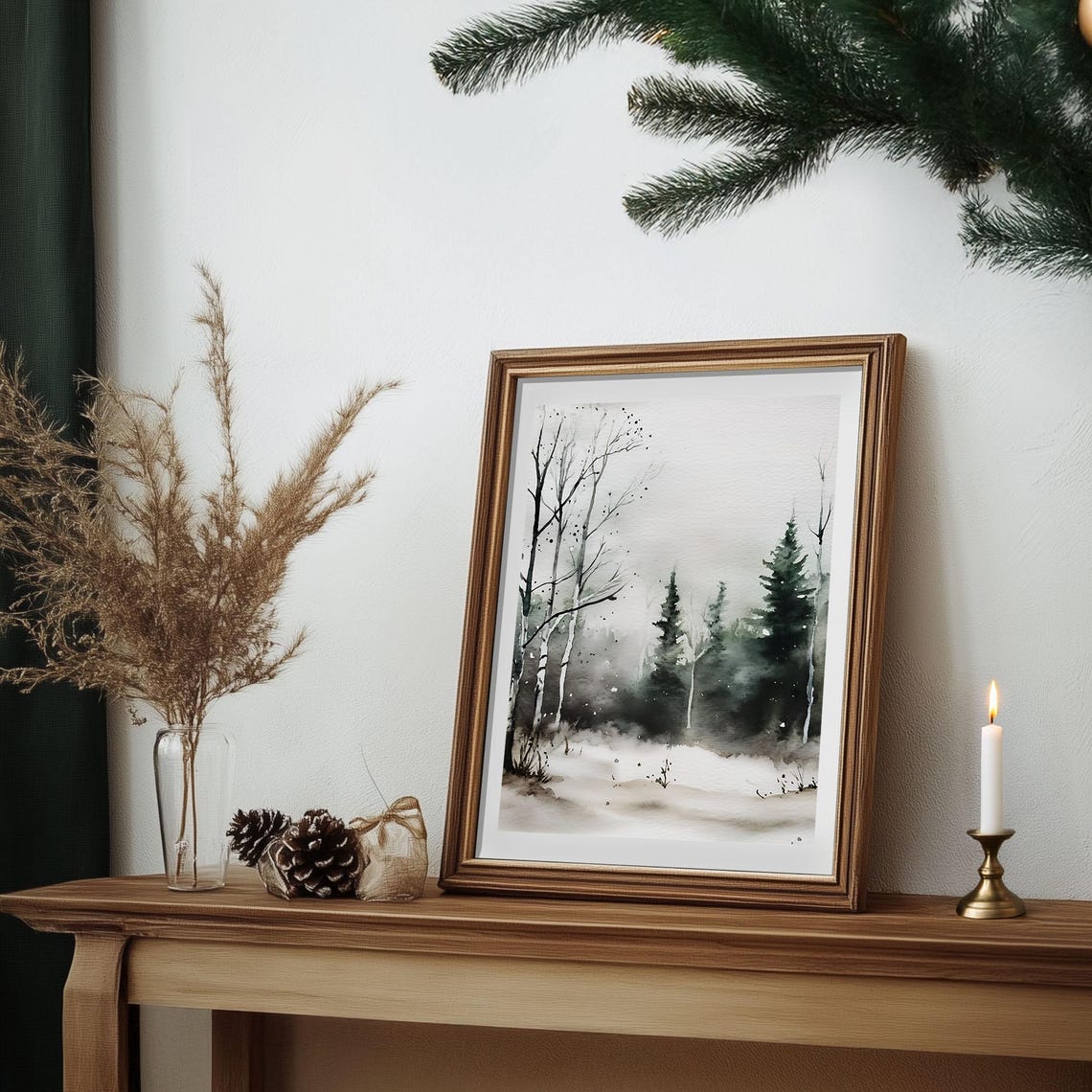 Birch and Pine Trees Misty Snowy Winter Watercolor Forest Poster - Image 6