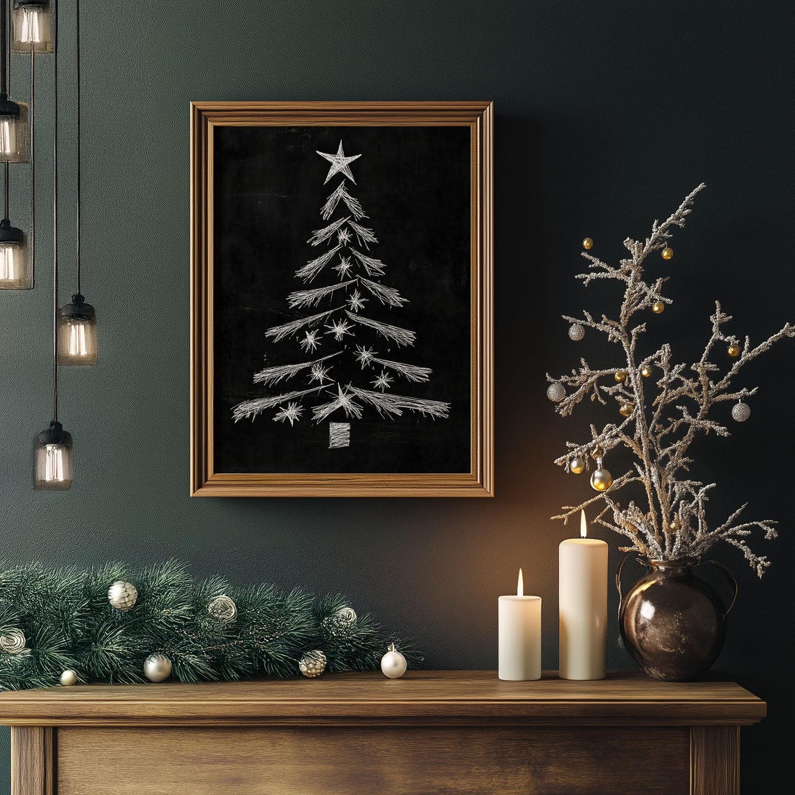 White Chalk Christmas Tree with Star on Black Chalkboard Poster - Image 4