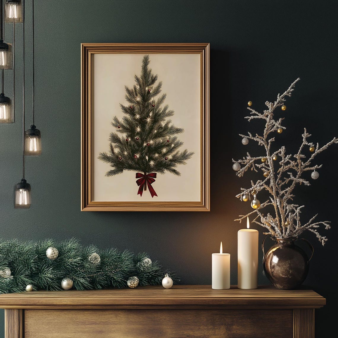 Sparse Minimalist Christmas Tree with Lights and Red Bow Poster - Image 6