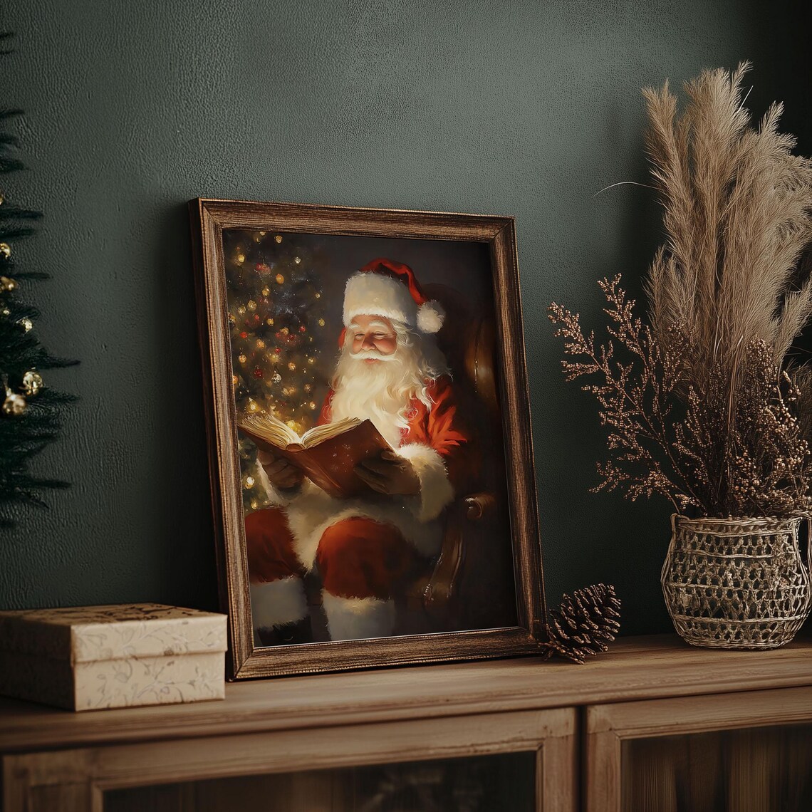Vintage Santa Reading Book Christmas Tree Cozy Holiday Art Print - Image 7