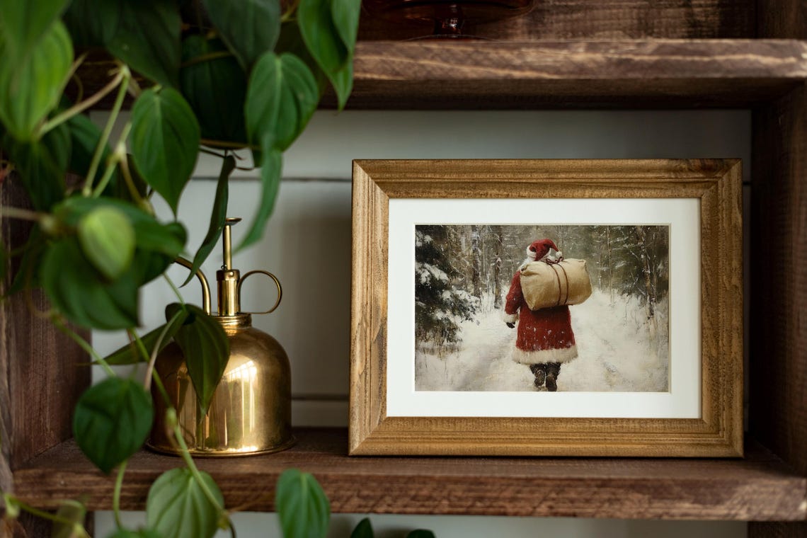 Santa Claus Carrying Gift Sack Through Snowy Forest Vintage Poster - Image 3
