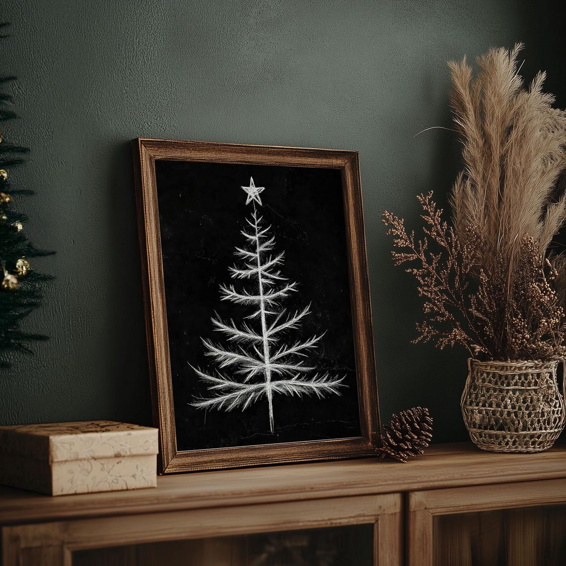 White Chalk Christmas Tree Drawing on Black Chalkboard Wall Art - Image 6