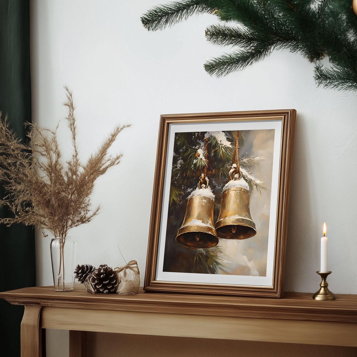 Two Snow Dusted Brass Bells Hanging on Pine Branch Christmas Poster - Image 7